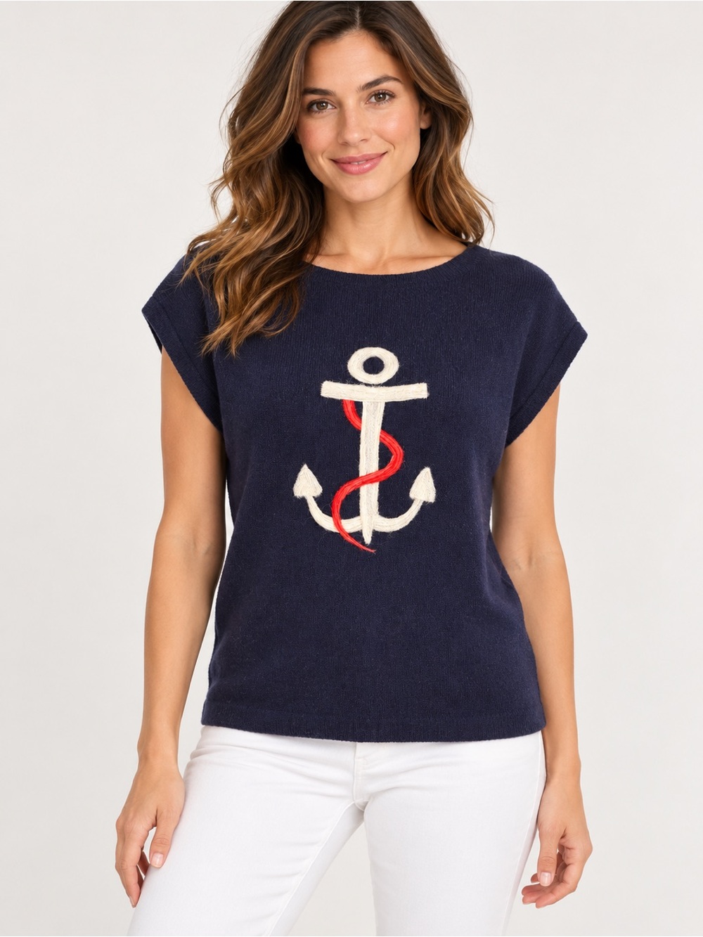 Navy nautical Anchor Crewneck Knit Top/sweater with Red Rope Detail size small